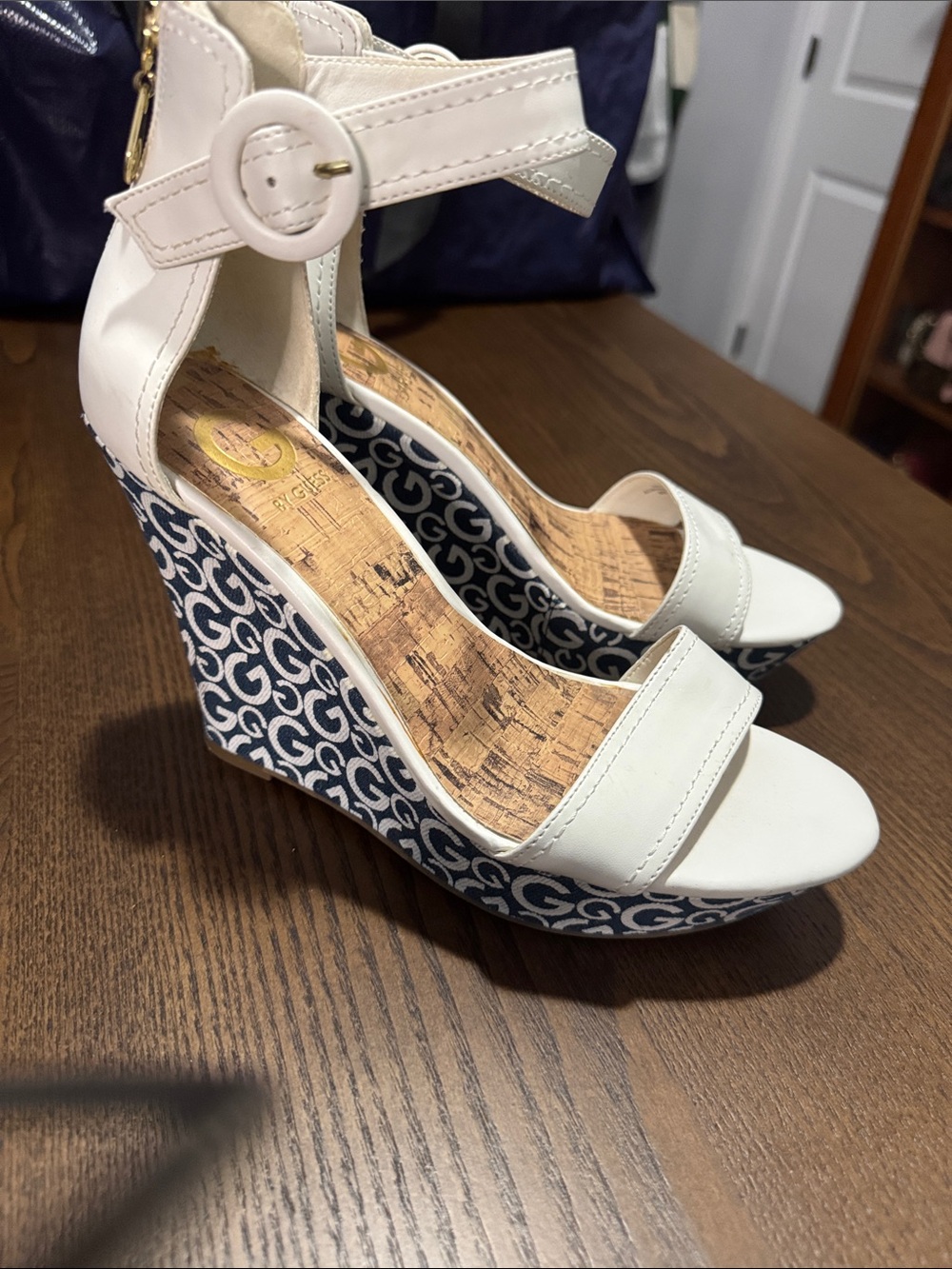 Guess White Wedge Sandals with Navy Monogram Wedge
